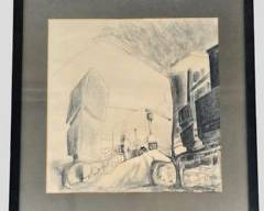 Modern Abstract Pencil Charcoal Drawing Illustration Framed not signed
