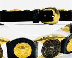 VTG VERSACE STYLE Twiggy Made in Twiggy Roman Coin Gold Tone Women's Black Link Leather Belt Size S
