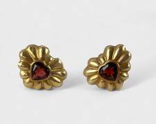 1.1 Grams Fine 10K Yellow Gold Garnet Love Heart Pierced Earrings
