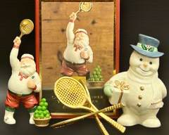 Fine Lenox Christmas Holiday Santa Pastimes Tennis Player With Original Box, Snowman, and Metal Tennis Rack Lot
