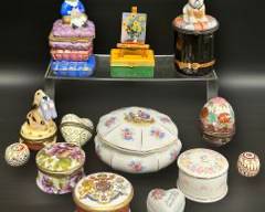 Fine Royal Collection Trust, China Craft London, Limoges, Bombay, Monet, and Flortalezace Assorted Porcelain Trinket Patch Box and Candle Tinket Lot
