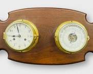 Rare luxury Schatz Boat Barometer and Royal Marine Clock 8 days with bell, Brass And Wood
