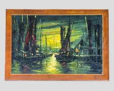 Abstract Ships In Harbor Sunset Signed On Board Framed Mid Century Modern MCM
