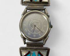 Fine Native American Sterling Silver Channel Inlay Turquoise, Mother Of Pearl, Coral Quartz Wristwatch W/ Expandable Bracelet - 63 Grams
