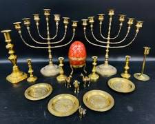 Beautiful Brass Judaica Lot. Includes Two Menorahs, Two Candle Holders, One Egg Decorated With Red And Gold, Four Small Llama Figures, Four Coasters And A Single Candle Holders Assorted Lot
