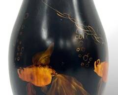 Vintage Tall 10.5" H Black Lacquer Gold Fish Vietnamese Vase
