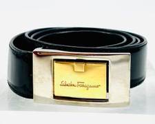 SALVATORE FERRAGAMO Black Leather Skinny Belt W/ Silver And Gold Tone Hardware

