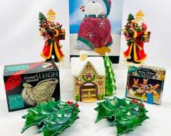 Lot Of Christmas Holiday Decor. Includes Two Santas, Two Holly Leaf Dishes, Cookie Jar, Lighted Ceramic House, Crystal Sleigh, And Bunny Hollow Tea Set.
