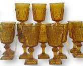 Vintage Retro Indiana Amber Glass Goblets and Blue Candle Holders
