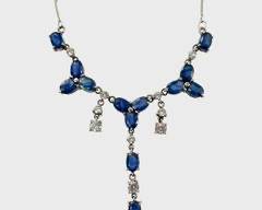 Fine BEAUTIFUL 14K White Gold Blue & White Sapphire Statement Necklace 17 matching lot 13
