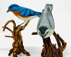Vintage Hand Painted Hand Carved Artist Signed SM 4 & 7 2003 Birds on wood bases
