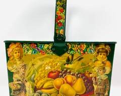 Vintage Victorian Decoupage Scrap Tin Basket With Handle. Green With Colorful Fruit And Floral Design. Features Children And Bird.
