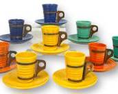 Set Of Nine Vintage BAUER Los Angeles Coblat Blue, Yellow, Orange, and Mint Green Cups and Saucers Lot With Wooden Metal Hooks-NO CHIPS Mid Century Modern MCM Fiesta Style
