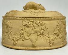 RARE Antique Wedgwood Bisque Caneware Game Pie Dish or Tureen Birds, Grapevine and Figural Rabbit in Relief
