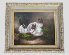 Borofsky Signed Giclee Painting of Himalayan Bunnies Eating Cabbage in Ornate Giltwood Frame
