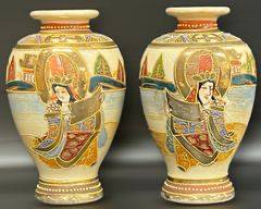 Pair Ceramic Moriage Japanese Satsuma Hand Painted Vases
