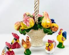 Vintage Italian Ceramic Fruit Basket With Rooster Salt And Pepper Shakers, Pitcher And Figurine
