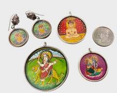 Fine Silver Hand Painted Hindu Indian Mughal Pendants Plus Pierced Drop Dangle Earrings
