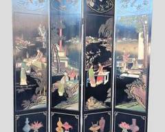 Vintage Asian Lacquer Hand Painted Hand Carved Screen Four Panel
