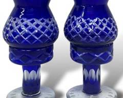 Pair Of Fine Cobalt Blue Cut To Clear Crystal Candle Holders-NO CHIPS

