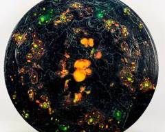 1993 Abstract Circular Painting On Wood With Black Background, Orange And Green Highlights Solar System Art
