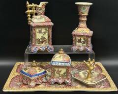 Vintages Porcelain Vase, Oil Or V Bottle, Vanity Trinket Dish With Lid Dish, and TRay Lot
