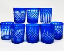 Vintage Cut to Clear Crystal Glass Cobalt Blue Tumbler Set of 8
