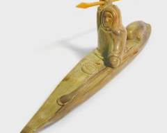 Vintage Canadian Inuit Native American Hand Carved Soapstone Kayak Hunter with Removable Spear
