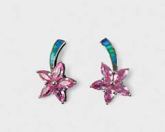 6 Grams Fine Sterling Silver Fire Opal Pink Gemstone Pierced Palm Tree Flower Earrings
