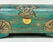 Vintage Turquoise Hand Carved Footed Hinged Wooden Box
