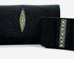 New Black Genuine Leather Ray Skin Women Tri-fold Clutch Wallet And Coin Bag
