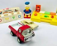 Vintage Tonka Red Truck, Fisher Price Shape Sorter, 1980's Sesame Street Poppin' Pals Playskool Pop-Up Toy, Walt Disney Vintage Donald Duck Piggy Bank by Play Pal Plastics And More
