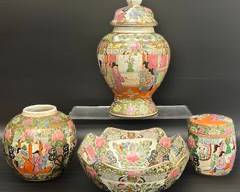 Fine Chinese Famille Rose China Ginger Jar With Lid, Vase, Bowl, and Trinket Dish With Lid
