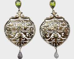 Fine Sterling Silver Green & Purple Gemstone Pierced Drop Dangle Statement Earrings
