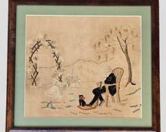 Antique Needlework sampler Artwork Centerpiece W/ Pretty Girl & Kitty High Quality Wood Frame
