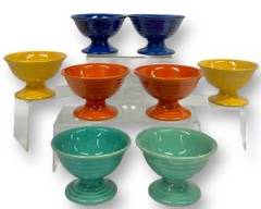 Set Of Eight Vintage BAUER Los Angeles Cobalt Blue, Yellow, Orange, and Mint Green Sherbet Cups Mid Century Modern MCM Fiesta Style

