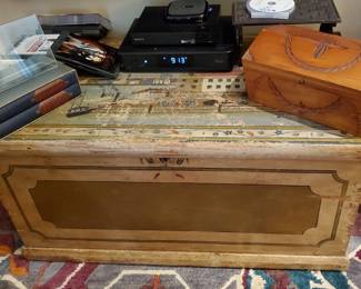 Painted trunk, great decoration but with some wear.