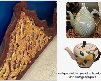 Indonesia carved wood art, and antique tea pots.