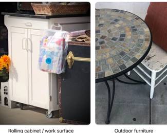 Rolling cabinet/work surface with black marble top.
Outdoor/indoor furniture