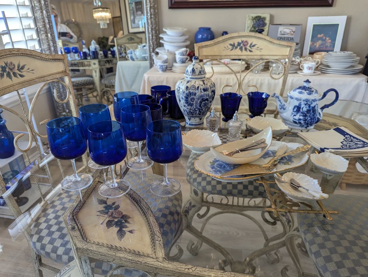 We have a plethora of cobalt blue wine glasses, coffee mugs, vases, plates and more !!!   