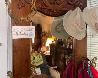 Antique Wood Hall Tree W/ Mirror & Hooks