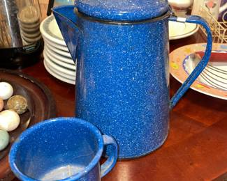 Vintage Blue Tin Camping Teapot & Cup