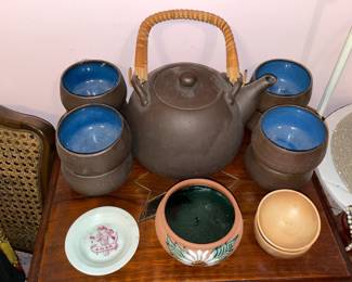 Brown & Blue Pottery Teapot Set