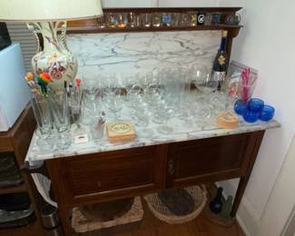 Antique Wooden Bar Cabinet W/ Marble Top, Backsplash, & Towel Rack Holder