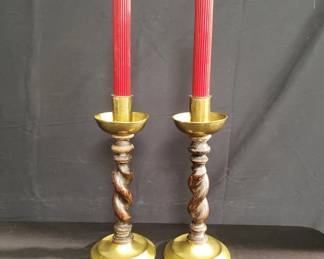 Lot # : 66 - Pair of brass and wood candlesticks
