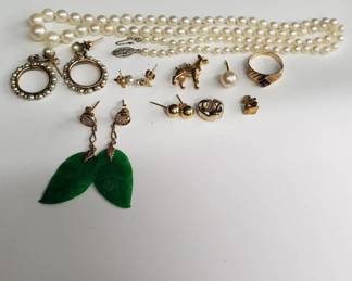 Lot # : 45 - Group of 14k earrings, ring, and pearl necklace
