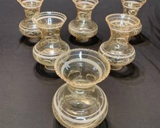 Lot # : 162f - 6 vintage pink hue etched glass oil lamp chimney
