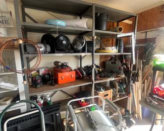 Tools, saw horses, ladders, bedside commode, desktop fans