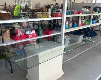 Beveled glass top table on white pedestal, glass measures 5' x 3'3" x 29"