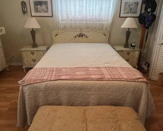 French Provincial Queen bed by Bassett w/2 nightstands, 5-drawer tall dresser, long dresser w/mirror, and jewelry armoire. 
